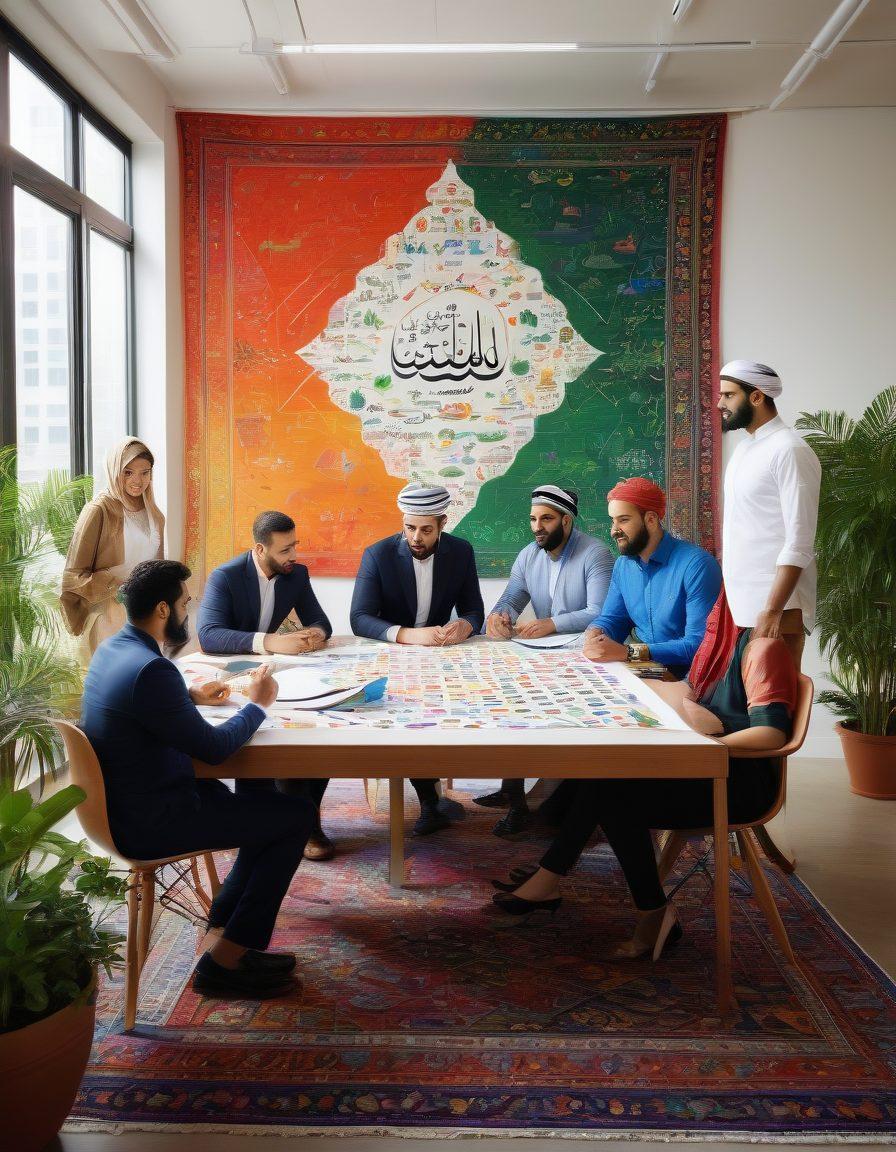 A vibrant tapestry showcasing a collaboration between Arab and American entrepreneurs, featuring people of diverse backgrounds engaged in a lively brainstorming session. The scene should include iconic symbols of both cultures, like the American flag and Arabic calligraphy, blending harmoniously in a modern workspace filled with colorful charts and tech gadgets. Diverse individuals share ideas with enthusiasm, surrounded by greenery and a bright cityscape in the background. super-realistic. vibrant colors. white background.