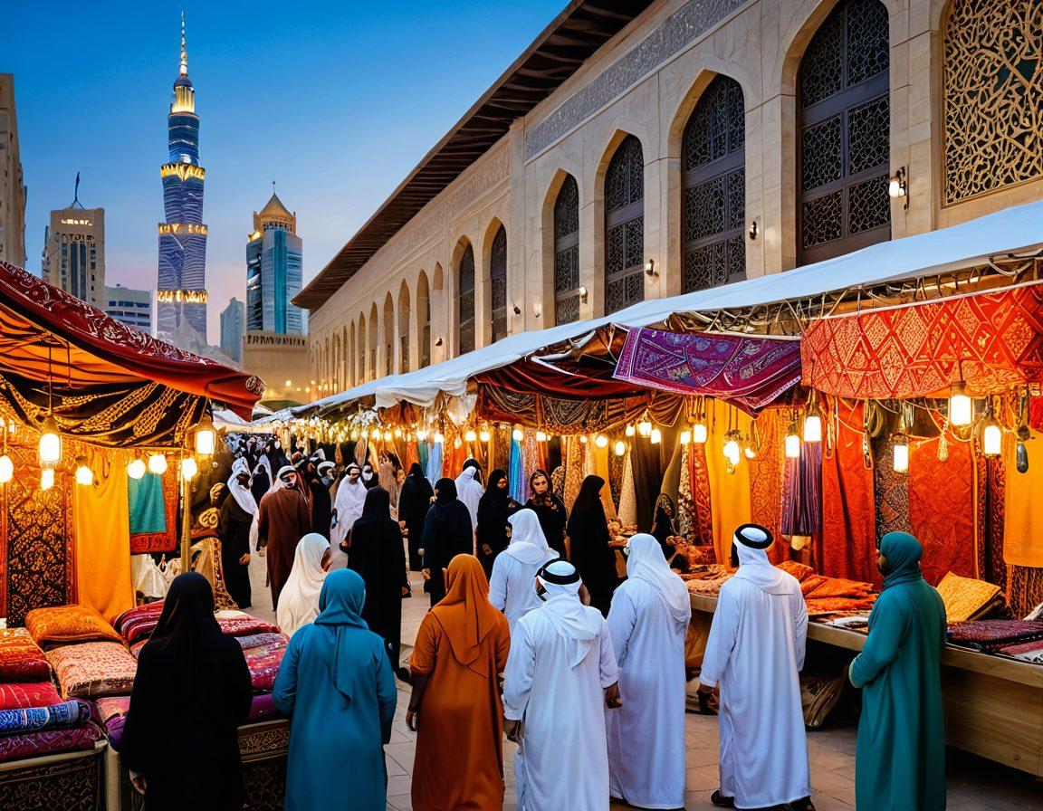 A vibrant marketplace scene where Arab and American entrepreneurs collaborate, showcasing their diverse products. Include traditional Middle Eastern fabrics and modern American tech gadgets, symbolizing unity and growth. In the background, elements like cultural landmarks from both regions are visible, emphasizing a bridge between cultures. Bright, warm colors to convey optimism and community spirit. super-realistic. vibrant colors.