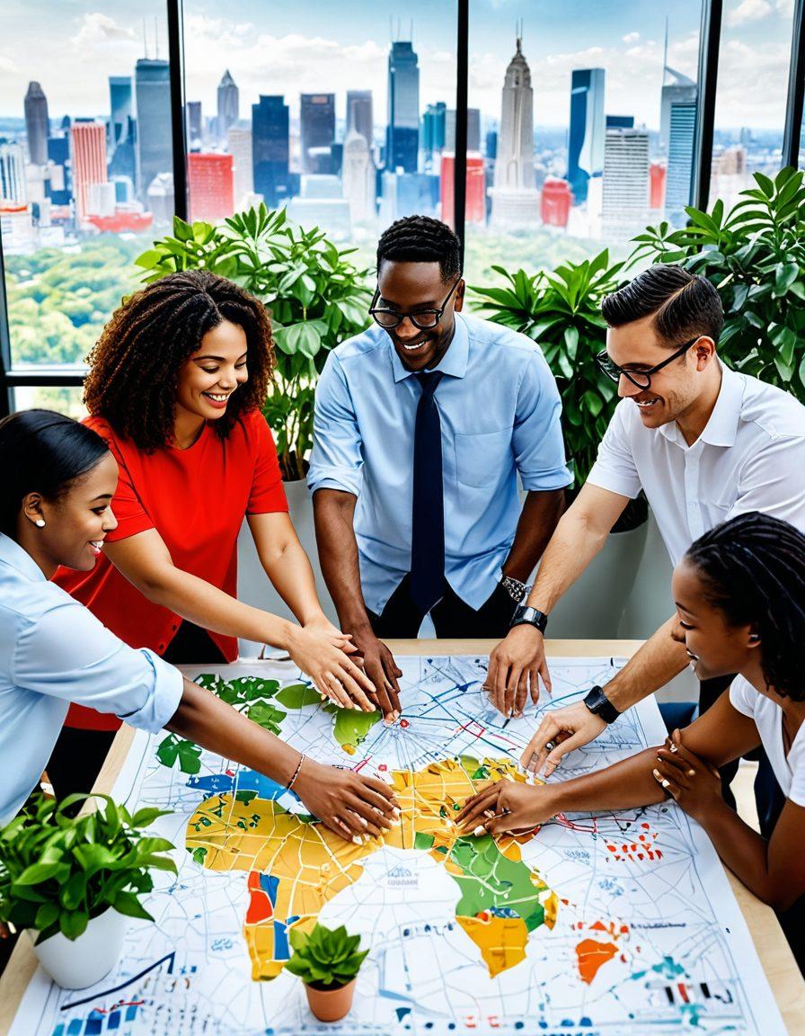 A diverse group of people from various backgrounds collaborating in a modern workspace, surrounded by symbols of economic growth like flourishing plants, graphs, and community maps. Illustrate a bridge made of hands symbolizing partnerships, with vibrant cityscapes in the background showcasing prosperity. The scene is filled with warmth and optimism, highlighting the fusion of community spirit and business innovation. super-realistic. vibrant colors. dynamic composition.